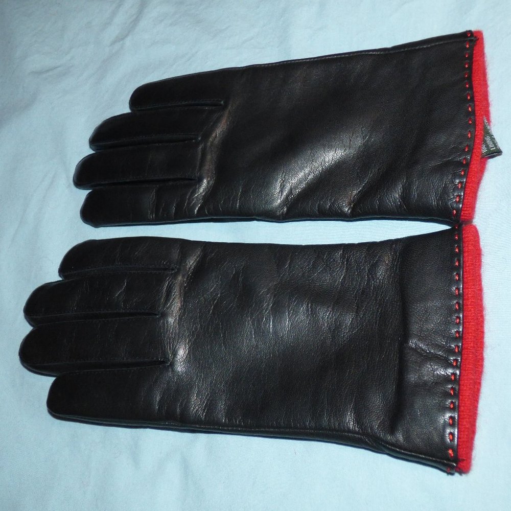 Ralph Lauren Black leather gloves, red trim, M